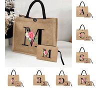 Sac fourre-tout en lin, comprenant un sac fourre-tout imprimé avec initiales de A à T et un petit sac imprimé, lettres, fleurs, cadeau pour la fête des mères, coffret cadeau personnalisé, sac fourre-t