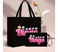Sac fourre-tout en lin imprimé bingo rose, porte-monnaie en lin noir, sac de courses carré noir, avec des impressions de lettres et de motifs artistiques, convient à l'usage quotidien des femmes, un s