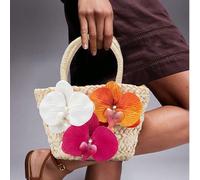 Sac fourre-tout en paille avec décoration orchidée papillon, nouveau sac à main tressé de vacances en bord de mer, panier de plage fleuri doux, sac à main personnalisé casual porté à la main ou à l'ép