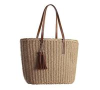 Sac fourre-tout en paille tissée pour femme avec bandoulière en cuir PU, sac de plage de grande capacité pour l'été ou une utilisation quotidienne, transport à main ou à une seule épaule