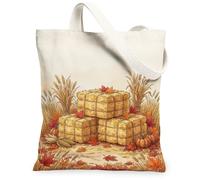 Sac fourre-tout en toile avec balles de foin, citrouilles saisonnières rustiques, feuilles d'automne, marron, 33 x 38 cm, marron, 13x15 Inch