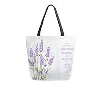 Sac fourre-tout en toile avec bouquet de lavande en bois pour femme - Sac de plage printemps-été - Grand sac à main réutilisable léger pour le shopping, les courses, les voyages