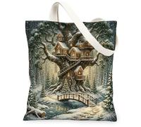 Sac fourre-tout en toile avec cabane d'hiver et forêt 33 x 38,1 cm | Scène de forêt enneigée, lumières lumineuses chaudes, architecture rustique, paysage naturel serein, forêt magique esthétique
