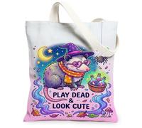 Sac fourre-tout en toile avec citation amusante de sorcière Possum Automne | Design fantaisiste de sorcière Possum, verres en forme de cœur, bouteilles de potion magiques, feuillage d'automne