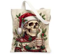 Sac fourre-tout en toile avec citation amusante squelette de Noël 33 x 38 | Chapeau de Père Noël, pull laid, tasse vapeur, feuilles de houx, fond flocon de neige, esthétique d'hiver confortable