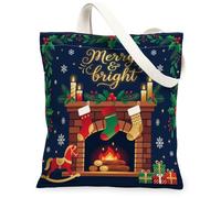 Sac fourre-tout en toile avec citation de cheminée de Noël 33 x 38 cm | Typographie dorée, bas suspendus, cheval à bascule, verdure d'hiver, décoration de maison de vacances