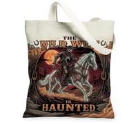 Sac fourre-tout en toile avec citation de cowboy gothique occidental 33 x | Esthétique gothique occidentale, illustration de cheval fantôme, motif paysage du désert, tissu durable semblable à du lin