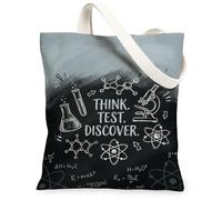 Sac fourre-tout en toile avec citation de découverte scientifique et | Style artistique de tableau noir, thème d'enquête scientifique, formules physiques, équipement de laboratoire