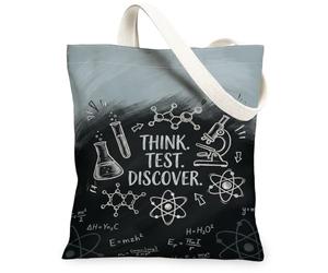 Sac fourre-tout en toile avec citation de découverte scientifique et | Style artistique de tableau noir, thème d'enquête scientifique, formules physiques, équipement de laboratoire