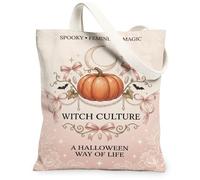 Sac fourre-tout en toile avec citation d'Halloween citrouilles sorcières 33 | Palette de couleurs pêche douce, motifs croissant de lune, nœuds élégants, esthétique sorcière mystique