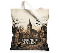 Sac fourre-tout en toile avec citation du folklore gothique Halloween 33 x | Architecture gothique, style croquis vintage, silhouette de chat, atmosphère mystérieuse, esthétique d'automne saisonnière