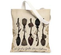 Sac fourre-tout en toile avec citation fantaisie balai de sorcière 33 x 38 | Thème magique, illustration fantaisie, citation d'esprit indépendant, style éclectique, texture naturelle semblable à du lin