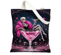 Sac fourre-tout en toile avec citation glamour squelette cocktail Halloween | Esthétique gothique élégante, illustration de squelette fantaisie, accents boa en plumes de pêche, polyvalent à porter au