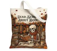 Sac fourre-tout en toile avec citation humoristique Squelette de lecture | Scène de bibliothèque vintage, décoration d'automne fantaisie, humour littéraire, lecture confortable, esthétique