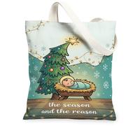 Sac fourre-tout en toile avec citation religieuse de Noël 33 x 38,1 cm | Thème hiver, illustration de mangeoire, art du pin, sentiment spirituel, esthétique saisonnière pour la maison
