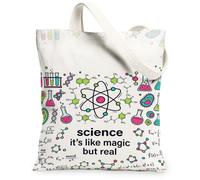 Sac fourre-tout en toile avec citation scientifique Illustration Atom 33 x | Citation scientifique, verrerie de laboratoire, formules moléculaires, impression scientifique fantaisie