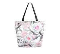 Sac fourre-tout en toile avec fleurs de pivoine et cœurs - Sac de plage vintage écrit à la main - Grand sac à main réutilisable léger pour le shopping, les courses, les voyages