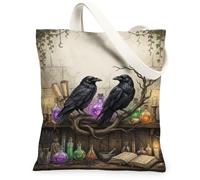 Sac fourre-tout en toile avec illustration de corbeau gothique - 33 x 38 cm | Thème apothicaire gothique, potions d'alchimie mystique, esthétique gothique érudite, décoration d'intérieur sorcière
