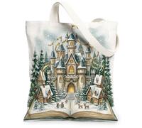 Sac fourre-tout en toile avec illustration de livre d'histoires de conte de | Conte de fées esthétique, pins enneigés, scène de livre d'histoires fantaisie, village d'hiver confortable