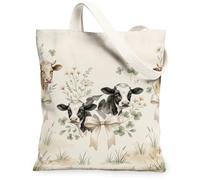 Sac fourre-tout en toile avec illustration de vaches et prairie 33 x 38 cm | Imprimé animal de la ferme aquarelle, esthétique de prairie rustique, style ferme pastorale, charmants accents de ruban