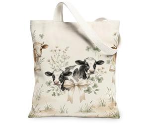 Sac fourre-tout en toile avec illustration de vaches et prairie 33 x 38 cm | Imprimé animal de la ferme aquarelle, esthétique de prairie rustique, style ferme pastorale, charmants accents de ruban