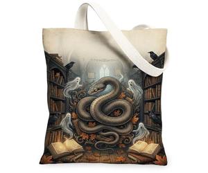 Sac fourre-tout en toile avec illustration gothique serpent et fantôme 33 x | Scène de bibliothèque gothique, fantômes éthérés, motifs de corbeau, esthétique gothique érudite, illustration de serpent