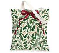 Sac fourre-tout en toile avec imprimé botanique gui et nœud rouge 33 x 38 | Illustration botanique, ruban nœud rouge, accents d'étoiles dorées, thème d'hiver rustique, style de décoration d'intérieur