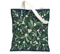 Sac fourre-tout en toile avec imprimé gui botanique d'hiver 33 x 38 cm | Illustration botanique, verdure d'hiver, accents d'étoiles dorées, bleu marine élégant, thème naturel saisonnier