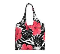Sac fourre-tout en toile avec imprimé hibiscus rouge - Sac à main à bandoulière - Grande capacité, Noir , Taille unique