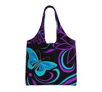 Sac fourre-tout en toile avec imprimé papillon sur une belle fleur - Sac à main à bandoulière - Grande capacité, Noir , Taille unique