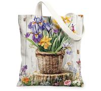 Sac fourre-tout en toile avec iris printaniers pour le shopping, 33 x 38 cm, panier de fleurs en bois, sac d'épicerie réutilisable pour femme, sac d'épicerie pour femme, travail floral, voyage