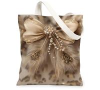 Sac fourre-tout en toile avec nœud pour femme, élégant, chic, plumes, perles, vacances, doré, lavable, réutilisable, pour shopping, brunch, parc, bibliothèque, excursions d'une journée 33 x 38 cm