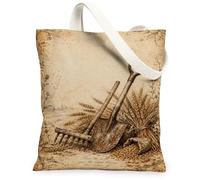 Sac fourre-tout en toile avec pelle - Style vintage rustique - Fourche à blé - Marron - 33 x 38 cm