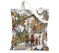 Sac fourre-tout en toile avec scène de village d'hiver de Noël 33 x 38,1 cm | Maisons couvertes de neige, guirlandes festives, atmosphère hivernale, charme saisonnier, illustration de village confortable