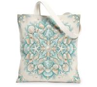 Sac fourre-tout en toile Coquillage Mandala Coquillage de Noël côtier 33 x | Motif mandala côtier, accents d'étoile de mer, détails en pin d'hiver, palette bleu sarcelle serein, esthétique nautique
