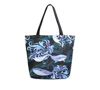 Sac fourre-tout en toile damassé orné de baleines poissons femme sac de plage été animal marin sac à bandoulière grand sac à main réutilisable léger pour le shopping épicerie voyage