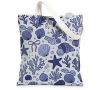 Sac fourre-tout en toile de corail pour femme, motif coquillage, étoile de mer, bleu d'été, lavable, réutilisable, pour shopping, brunch, parc, bibliothèque, excursions d'une journée, 33 x 38 cm
