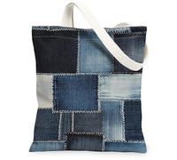 Sac fourre-tout en toile de denim pour femme, décontracté, bohème, coutures patchwork, N/A, bleu, lavable et réutilisable, petit sac fourre-tout idées pour ou, bleu, 13x15 Inch