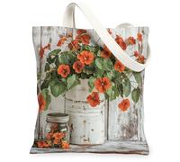 Sac fourre-tout en toile de fleurs de capucine printanière pour faire du shopping, 33 x 38,1 cm, motif floral rustique, sac d'épicerie réutilisable pour femme, peinture esthétique de campagne