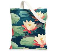 Sac fourre-tout en toile de fleurs de lotus printanières pour le shopping, 33 x 38,1 cm, motif abstrait amusant, feuilles de lotus, sac d'épicerie réutilisable pour femme, joli motif floral