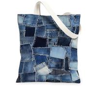 Sac fourre-tout en toile de jean pour femme, texture patchwork bohème décontracté, bleu d'été, lavable, réutilisable, idée de sac d'épicerie pour la famille, les amis, les collègues, la lecture, les
