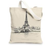 Sac fourre-tout en toile de la tour de Paris, design artistique de croquis de Paris, sacs à provisions réutilisables, chic, minimaliste, léger, lavable, beige, 13x15 Inch