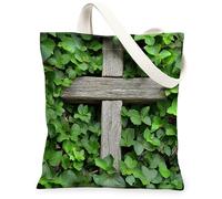 Sac fourre-tout en toile de printemps et de feuilles de Pâques pour le shopping, 33 x 38 cm, croix botanique verte, sac d'épicerie réutilisable, sac d'épicerie pour femme, paysage de vacances
