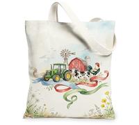 Sac fourre-tout en toile de tracteur pour femme, ferme, ferme, vache, coq d'été, vert, lavable, réutilisable, esthétique, idéal pour la famille, vert, 13x15 Inch