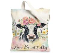 Sac fourre-tout en toile de vache pour femme, style ferme, fleurs rustiques, marguerites, printemps pastel, lavable et réutilisable, pour shopping, brunch, parc, bibliothèque, excursions d'une journée