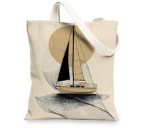 Sac fourre-tout en toile de voile, sacs d'épicerie artistiques réutilisables, beige léger, motif bateau, 33 x 38 cm