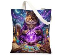 Sac fourre-tout en toile d'Halloween avec motif chat sorcière persan 33 x 38 cm, chaton sorcier, tarot effrayant, sac d'épicerie réutilisable pour femme, peinture esthétique effrayante, décoration