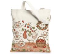 Sac fourre-tout en toile d'oie pour femme, théière rustique, fraise, vert printemps, lavable, réutilisable, esthétique pour le shopping, le brunch, le parc, la bibliothèque, les excursions d'une