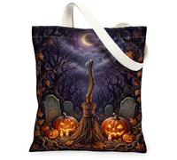 Sac fourre-tout en toile effrayant Halloween Cimetière sorcière balai 33 x