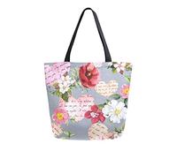 Sac fourre-tout en toile Fleurs Coeurs Femme Sac de plage Écrit à la main Je t'aime Sac à bandoulière Grand sac à main réutilisable léger pour le shopping, les courses, les voyages